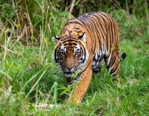 Obraz premium A Bengal tiger cautiously walking through tall grass in a dense jungle, mid-movement