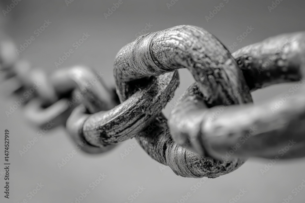 Fototapete detail of a rusty metal chain links with a textured surface showing wear and age in grayscale