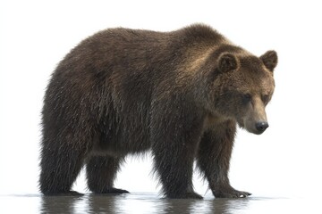 Fototapeta premium Grizzly bear wading in shallow water, majestic creature in its natural environment.