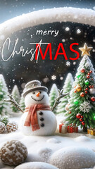 Snowman postcards In the magical time of Christmas, gift boxes and happiness.