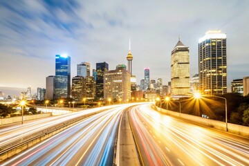 Obraz premium Long Exposure City Lights at Night, Urban Skyline, Glowing Metropolis, Night Photography, Cityscape Panorama