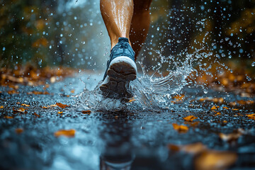 Close up runner shoes with water splash
