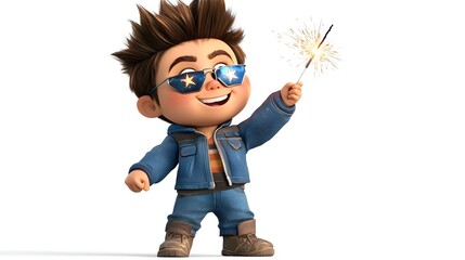 Joyful Cartoon Boy Waving Sparkler in Star-Shaped Sunglasses Against White Background