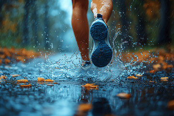 Close up runner shoes with water splash