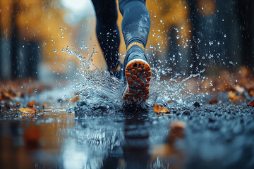 Close up runner shoes with water splash