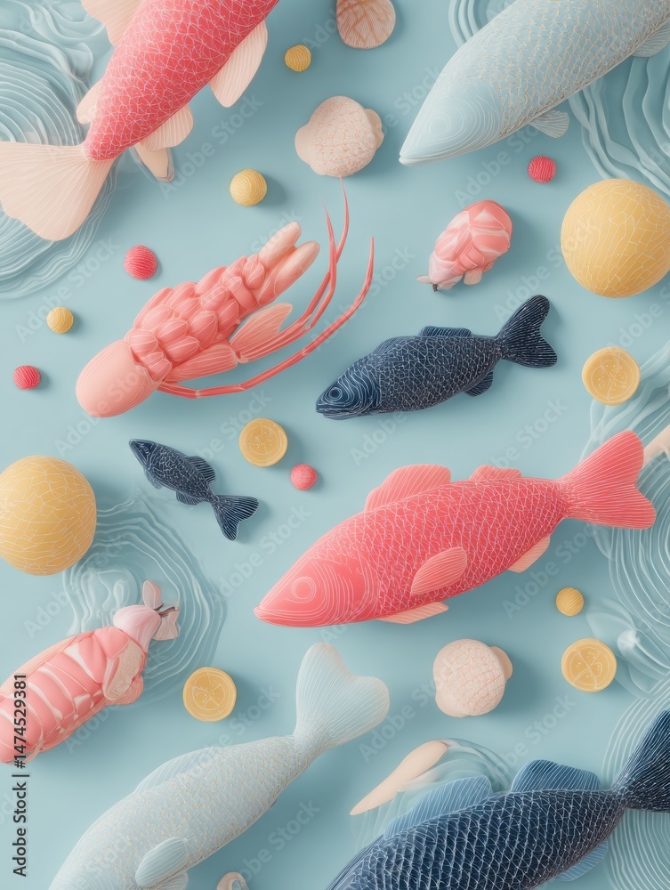 Poster floating seafood shapes in geometric designs create an artistic underwater scene with a soft blue ba