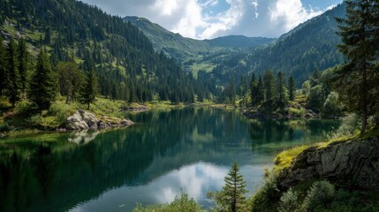 Fototapeta premium Serene Mountain Lake Surrounded by Lush Green Coniferous Forest Reflecting Sky
