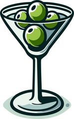 Vector illustration of a classic martini glass filled with green olives. Designed in a clean, cartoon-like style with bold outlines and soft shading, this image conveys a modern and stylish aesthetic.