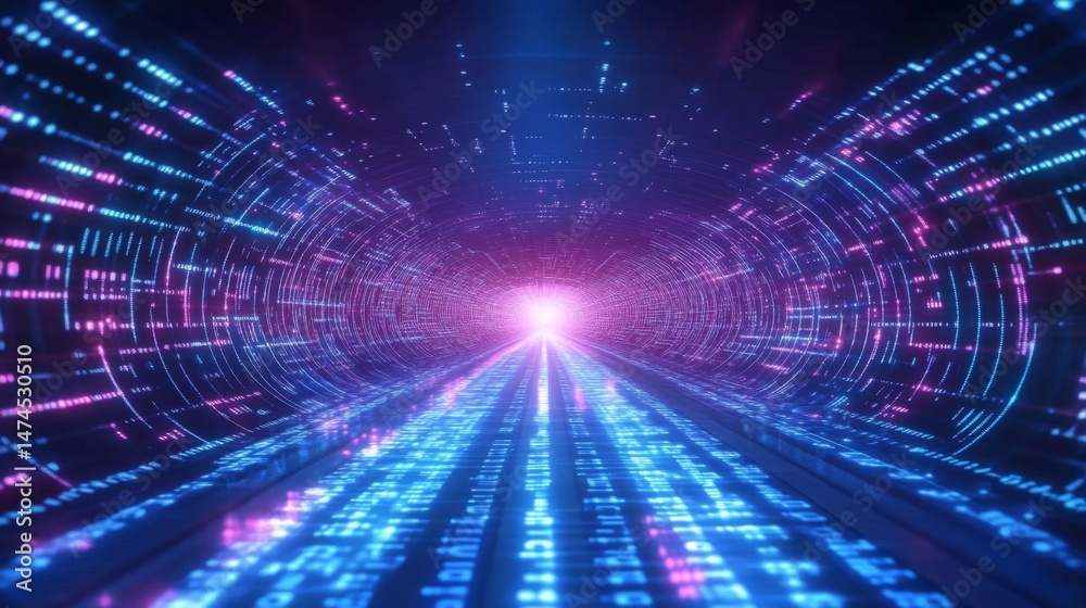 Poster dynamic data stream flowing through a futuristic tunnel virtual space digital art abstract environme