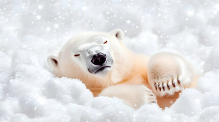 Fototapeta premium A peaceful polar bear naps amidst a flurry of snow, nestled in a fluffy snowdrift