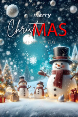 Snowman poster in the magical time of Christmas, gift boxes and happiness.
