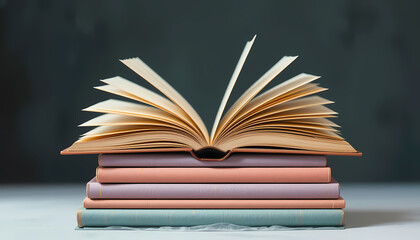 Open book on a stack of colorful books, inviting readers to explore the world of knowledge and imagination.