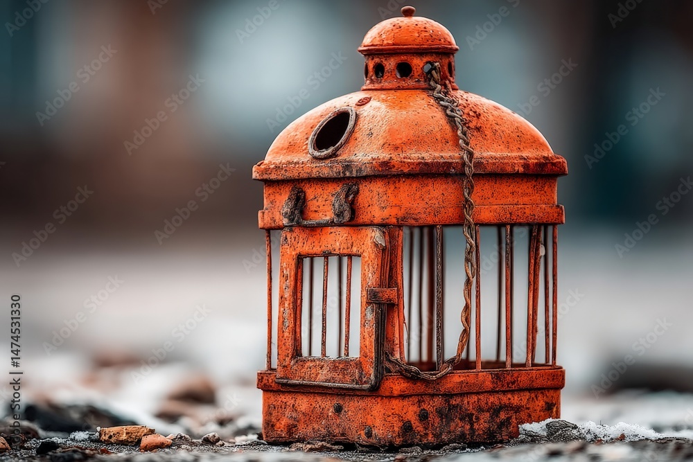 Aufkleber rusty orange lantern sits alone on the ground with weathered stones surrounding it during a cloudy d