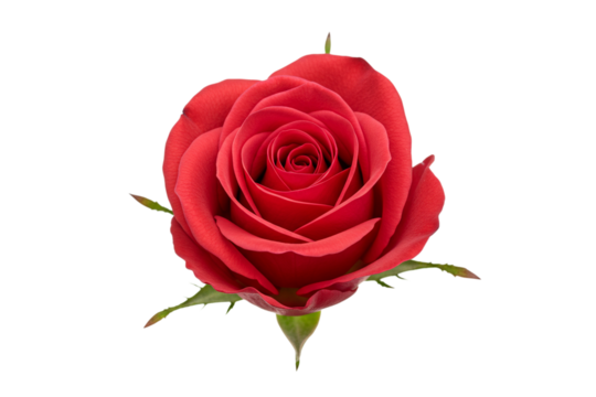 Single beautiful red rose flower with green stem and leaves, close up detail, isolated on white background. Studio shot of classic romantic garden bloom object. - Powered by Adobe