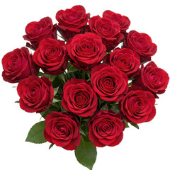 Bouquet of vibrant crimson roses in full bloom with green leaves