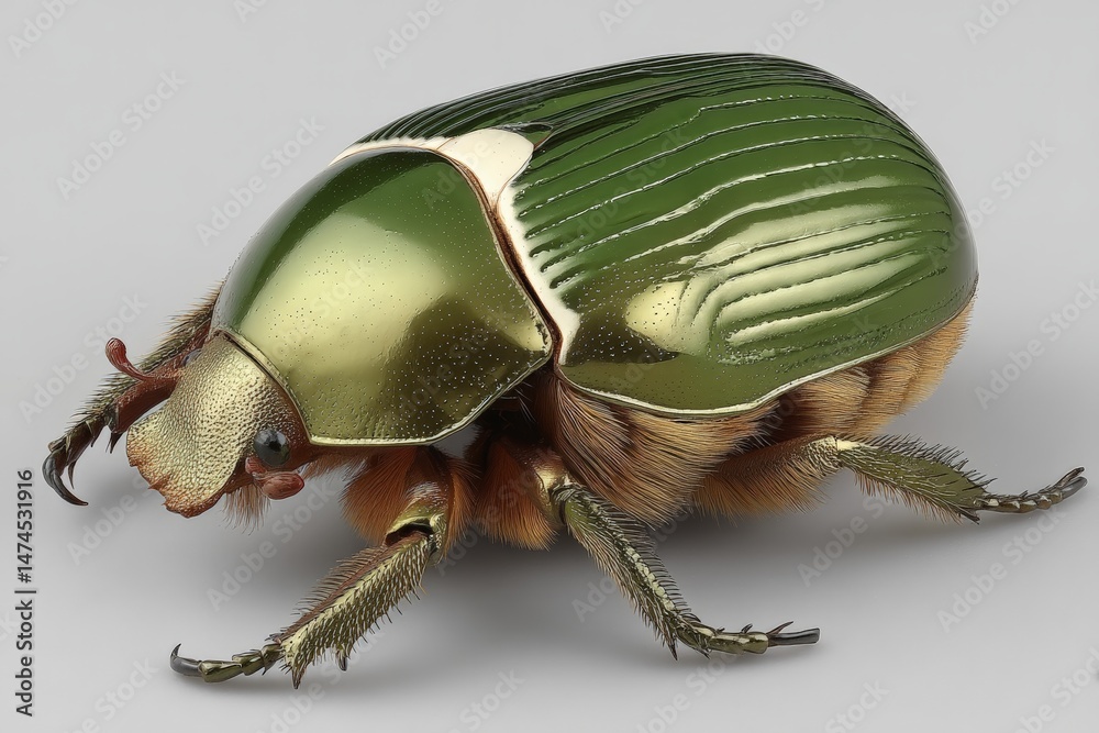Poster detailed close-up of a striking green beetle showcasing its unique features and vibrant colors in a 