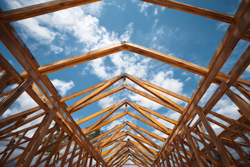 House under construction with exposed metal roof frame