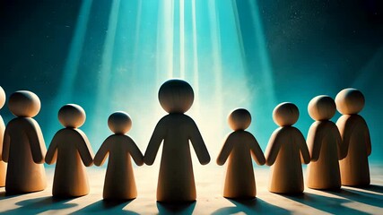 Wooden Human Figures Holding Hands in Beam of Light - Powered by Adobe