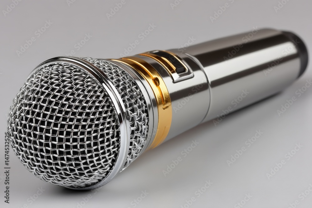 Aufkleber Microphone set up for performance at a concert venue during evening hours with warm lighting creating a vibrant atmosphere