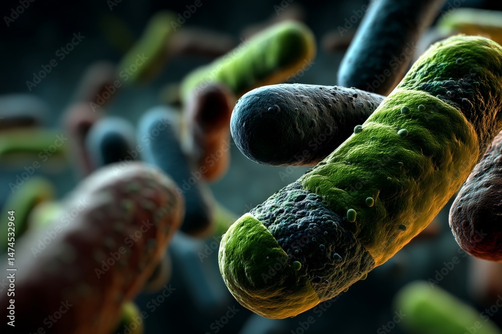 Poster Close-up view of colorful bacteria under a microscope in a scientific laboratory setting