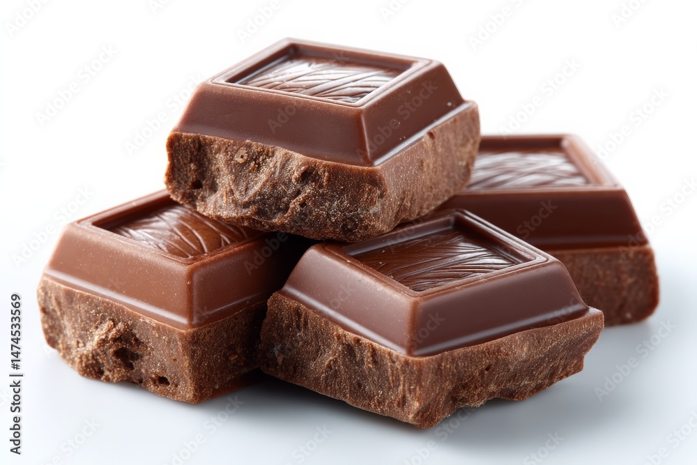 Poster chocolate pieces stacked on a white background emphasizing their rich texture and smooth surface