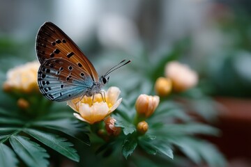 Obraz premium A beautifully captured close-up of a vibrant butterfly perched delicately on flower petals, symbolizing nature's intricate beauty and the fragility of life.