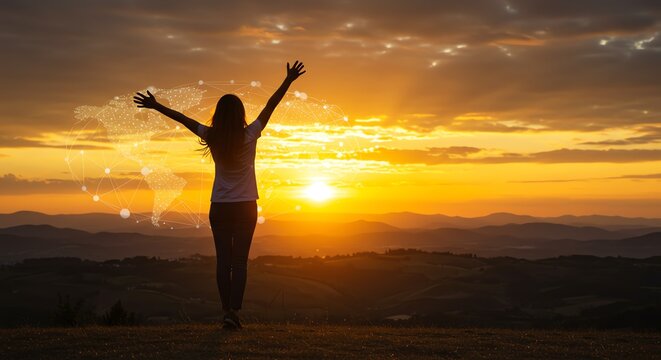 Woman Silhouette with Raised Arms Against Sunset