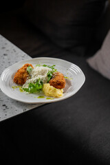 A plated dish featuring crispy breaded and fried meat garnished with grated cheese, fresh green lettuce, creamy mashed potatoes, and a drizzle of green sauce, served on a speckled countertop.