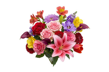 Romantic mixed flower bouquet with rose, lily, carnation, gerbera in pink and red tones isolated on white background. Elegant floral arrangement studio shot gift.
