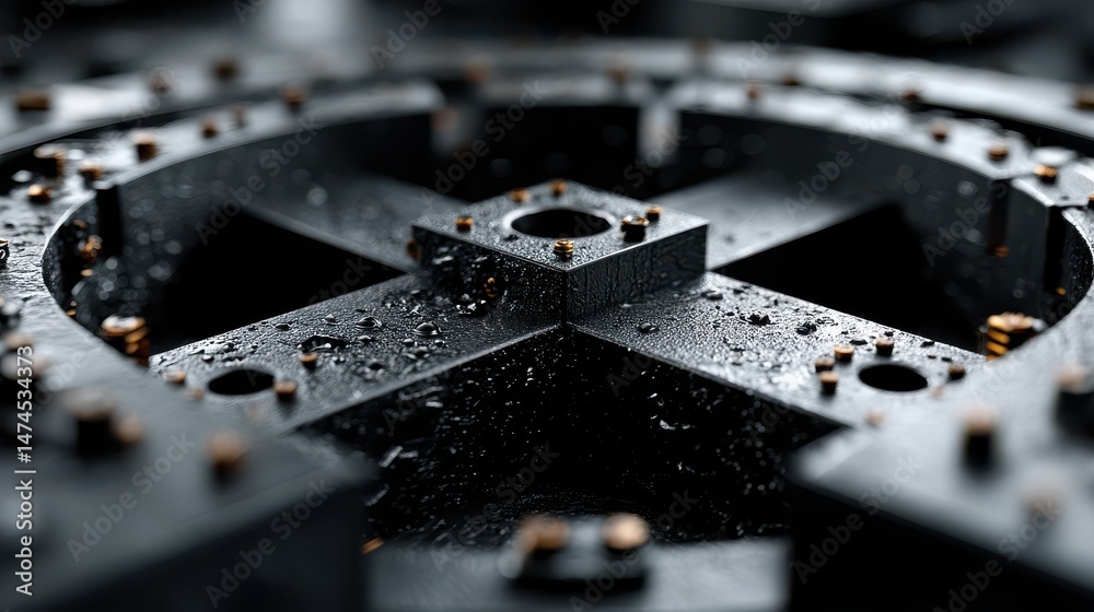 Poster black big complex shape with moving parts 3d animation