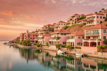 Obraz premium Luxurious Marina Village Homes Nestled on Verdant Hillside