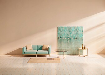 Luxurious Modern Home Interior: Teal & Gold Mosaic Walls & Floor - Aerial View