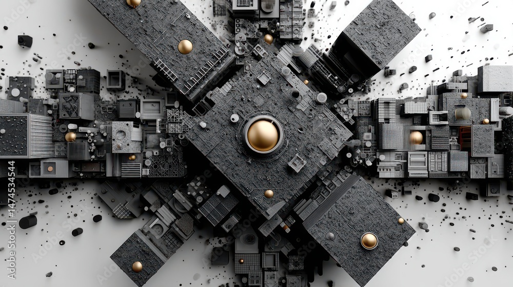 Aufkleber black big complex shape with moving parts 3d animation.stock image