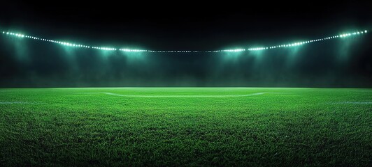 Nighttime soccer field illuminated by green lights with white goalposts and empty spectator stands.