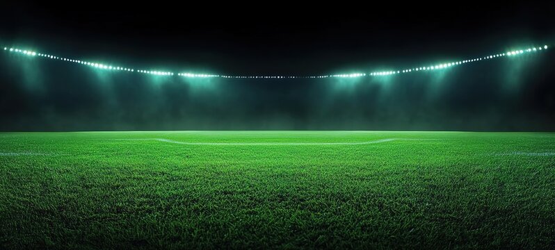 Nighttime soccer field illuminated by green lights with white goalposts and empty spectator stands.
