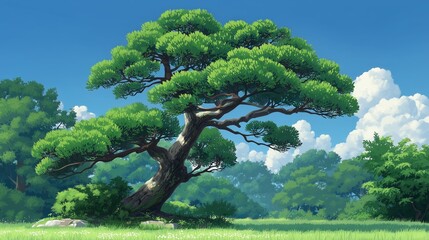 Anime style illustration of a large green tree standing in a sunny field with clouds