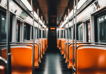 Obraz premium Empty Public Transportation Vehicle Interior With Orange Seats And Metal Poles