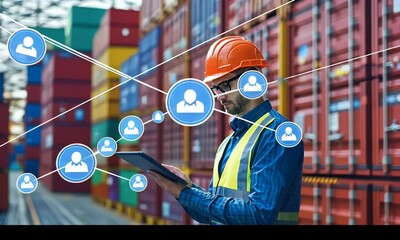 Warehouse worker analyzing logistics with digital interface. - Powered by Adobe