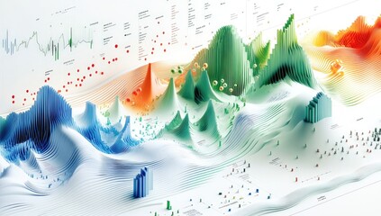 Abstract data visualization. Multicolored, 3D representations of data, layered on a white background. Complex, intertwined graphical elements depict various trends and metrics