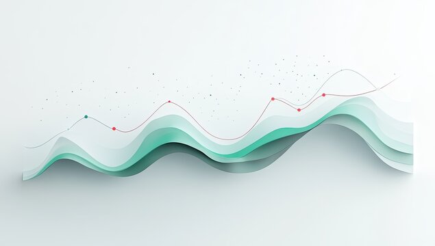 Abstract data visualization with wavy lines and points.  Dynamic, evolving trend graph, displaying growth and fluctuations.  Soft pastel colors and layered effect