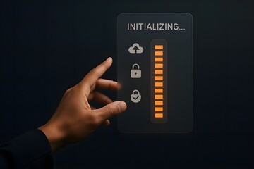 A dark-themed image shows a person's hand interacting with a transparent digital interface displaying an initializing progress bar and security icons.
