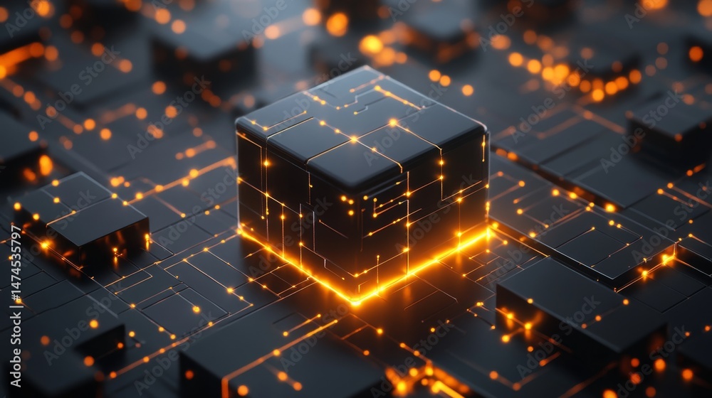 Poster dynamic digital cube displaying neon lights virtual space 3d render high-tech environment futuristic