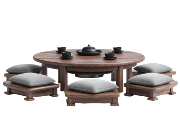 Round wooden table with eight cushioned seats, tea set