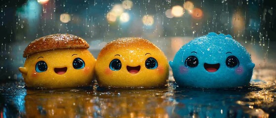 Obraz premium Three cute, smiling, round creatures in the rain with glowing lights behind them