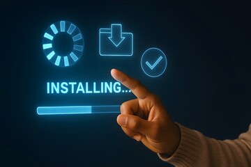 Close-up of a hand interacting with a digital installation progress display. The interface features a loading circle, download symbol, and a checkmark, all glowing in a futuristic blue.