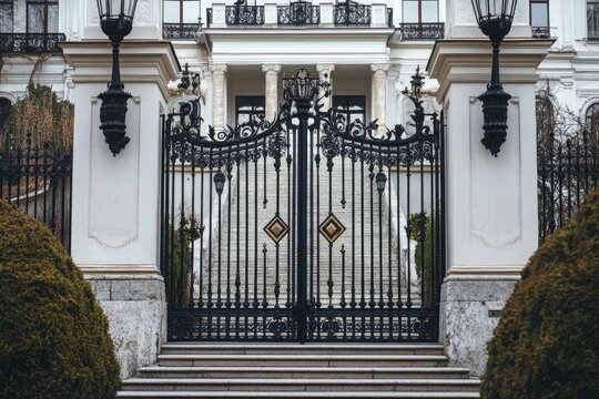 Ornate Iron Gate Entrance to White Classical Style Building Facade Architecture - Powered by Adobe