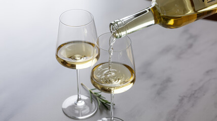 Two glasses of white wine poured elegantly, capturing simplicity and refined taste.
