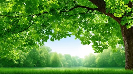Fototapeta premium Sunny summer landscape viewed from under lush green tree leaves