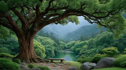 Majestic large tree with green foliage overlooking a tranquil river and valley landscape