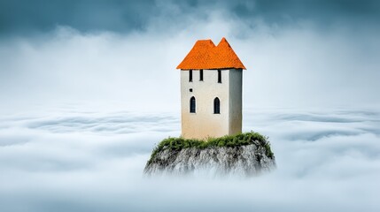 Isolated House on a Cloudy Island Surrounded by Misty Atmosphere and Dreamy Sky Background